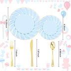 YOUBET 125PCS Clear Blue Gold Plastic Plates - Blue Disposable Plates With Gold Rim Include 25 Dinner Plates 25 Dessert Plates 75 Golden Silverwares for Wedding Birthday & Parties - Image 2
