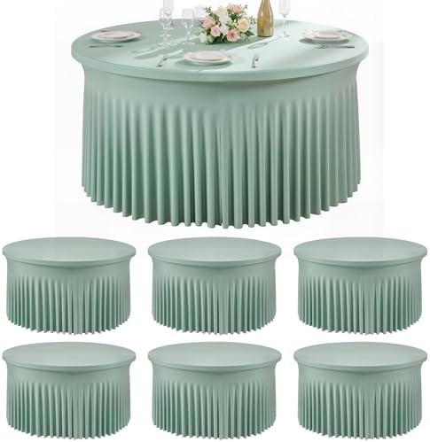 6 Pack Sage Green Spandex Round Tablecloths for 72 inch Table, Wrinkle Free Stretchy 132inch Fitted 6ft Round Table Cover Cloths with Skirt for Wedding Party Dining Banquet by Htper