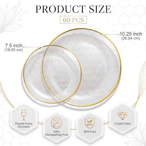 Festiva 60PCS Clear Ivory Plastic Plates with Gold Rim - Heavy Duty Fancy Disposable Plates - Serve for 30 Guests Include 30PCS 10.25" & 30PCS 7.5" Honeycomb Design Plates for Bee Party & Thanksgiving - Image 2