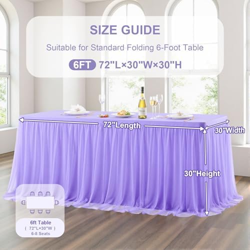 Wish Care 2 Pack Lavender Tulle Tablecloth for 6 Foot Rectangle Tables Stretch Fitted Rectangular Table Cloth Purple Wrinkle Free Ruffle Table Covers Tutu Skirt for Wedding Birthday Party Baby Shower - Image 6