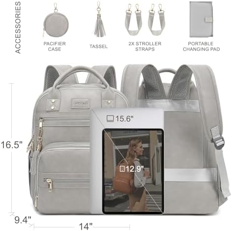 ROSEGIN Premium Vegan Leather Diaper Bag Backpack with Waterproof Changing Pad, Reinforced Zippers & Odor-Free, 20 Pockets Pro Organizer, Fits 15.6" Laptop, Stroller Straps, Baby Bag for Mom, Grey - Image 5