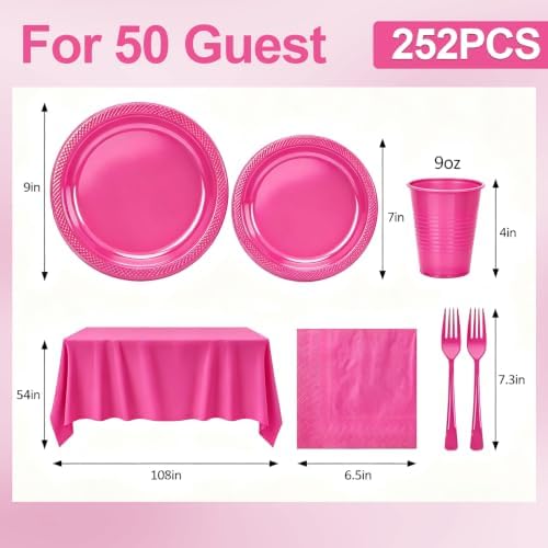 Hot Pink Plastic Party Plates Set 50 Guest Disposable Pink Party Supplies - Image 3