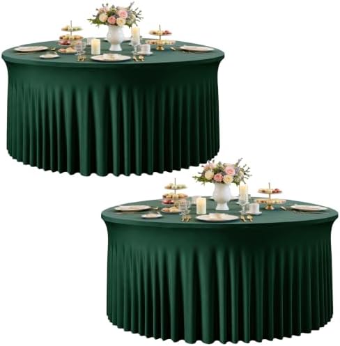 Dark Green Round Spandex Tablecloths, 5FT/60In Stretchy Table Cloth with Skirt, 2 Pack Washable Fitted Tablecloth, Circle Wrinkle Free Table Cover for Wedding Party Outdoor Events by Torrowsrort
