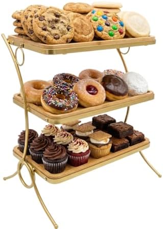 Wooden 3 Tier Serving Stand- Bamboo & Gold Tiered Dessert Tray for Party, Cupcakes, Cake Display, Wedding Reception, Food Serving Platter by Unknown