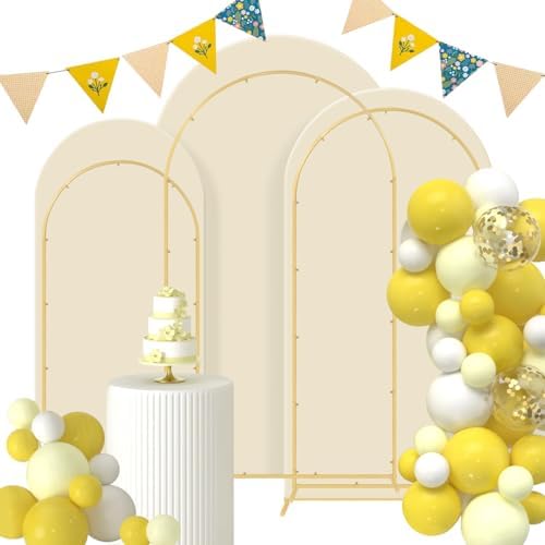Gawicpy Wedding Arch Backdrop Stand Set Metal Arch Backdrop Stand with Wedding Arch Cover, Wedding Balloon Arch Backdrop Stand for Birthday, Baby Shower, Anniversary (Beige, 5.9FT+6.6FT+7.2FT) by Gawicpy