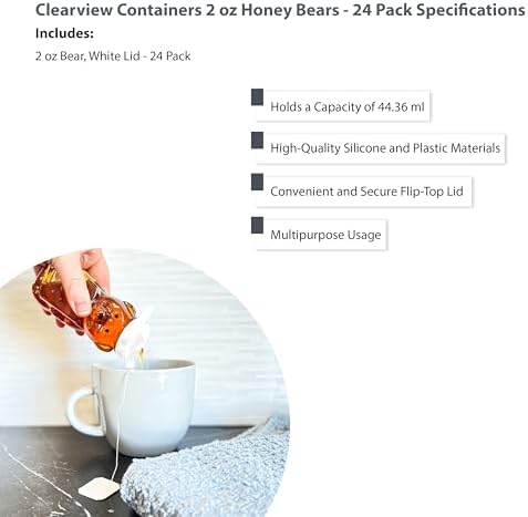 – 24 Pack 2 oz BPA-Free Plastic Honey Bear Bottles with Sealable White Screw Top Lids, Clear Mini Squeeze Bottles for Honey, Samples & Party Favors (24pk, 2oz, WHT) - Image 3