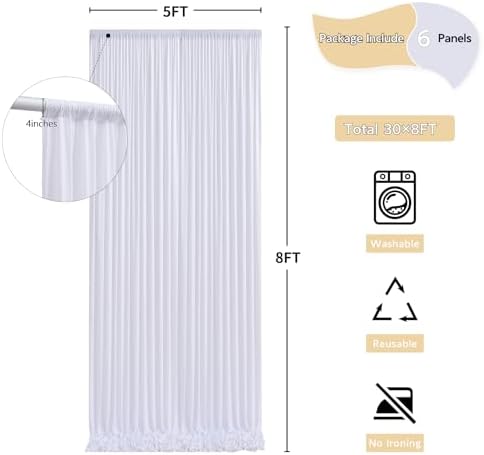 30 ft x 8 ft White Backdrop Curtain Drapes for Wedding Parties, 6 Panels 5 ft x 8 ft Wrinkle Free Polyester Photo Drapes for Birthday Party Baby Shower Backdrop Stand - Image 5