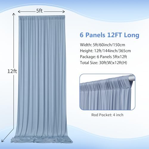30ft×12ft Wrinkle Free Dusty Blue Backdrop Curtain for Wedding Parties,6 Panels 5×12ft Long Silky Polyester Fabric Backdrop Drapes Photo Back Drop Cloth for Birthday Photography Background - Image 3