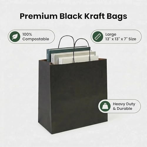 Large Black Kraft Paper Gift Bags with Handles, 13x7x13 Inch, 100Pack - Image 6