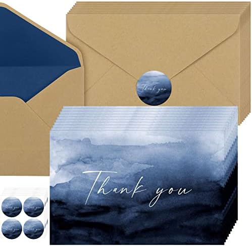 BBTO 100 Pcs Thank You Cards with Envelopes 100 Stickers, Thank You Gift Card Set Notes Bulk Printable with Brown Kraft Style Envelopes Wedding, Baby Shower, Business, Bridal Shower, Graduation(Blue) by BBTO