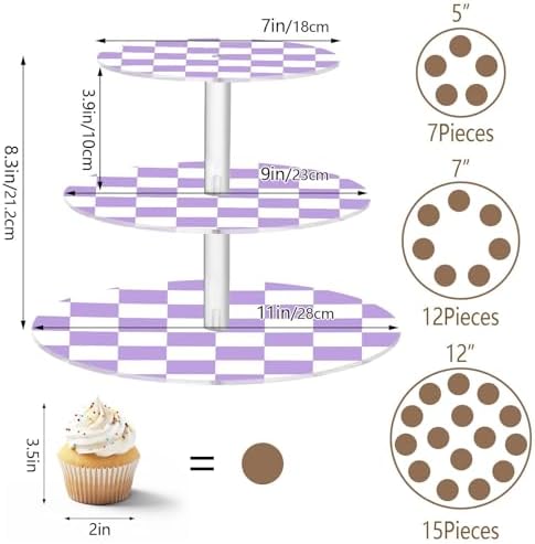 J JOYSAY Chess Checkerboard White Light Purple Pattern Acrylic Cupcake Stand 3 Tier Dessert Table Display Set Clear Cake Stands for Party Wedding Baby Shower Decorations Easy Assembly Pastry Tower - Image 3