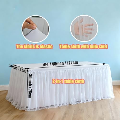 1-Pack White 2-in-1 Tulle Tablecloth for 4-Foot Rectangular Table - Image 2