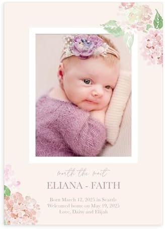 Let's Make Memories Personalized Baby Announcement Cards - Birth, Adoption - Boy, Girl - Premium Quality Custom Photo Cards for Mailing - 5x7 - Includes White Envelopes - Watercolor Blooms - 25 ct by LetsMakeMemories