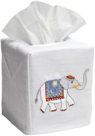 Jacaranda Living Square Tissue Box Cover, Linen/Cotton Tissue Holder, Decorative Cloth Tissue Cover, Fits Standard Square Tissue Boxes, Embroidered Animal Designs, Charming Elephant (Blue) by JacarandaLiving