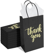 DjinnGlory 100 Pack Small Size Black Thank You Paper Gift Bags with Handles 9x5.5x3.15 Inch for Business Birthday Wedding Bridal Baby Shower Party Favors Goodies by GiftWrappingSupplies