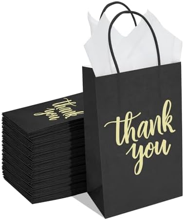 DjinnGlory 100 Pack Small Size Black Thank You Paper Gift Bags with Handles 9x5.5x3.15 Inch for Business Birthday Wedding Bridal Baby Shower Party Favors Goodies by GiftWrappingSupplies