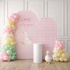 Set of 2 Arch Backdrop Covers One Silly Goose Baby Shower 2PCS Spandex Arch Stand Cover Plaids Girl Birthday Easter Party Banquets Decorations (7.2FT & 6.6FT,Pink) by ellteecz