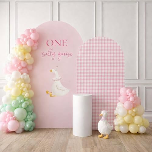 Set of 2 Arch Backdrop Covers One Silly Goose Baby Shower 2PCS Spandex Arch Stand Cover Plaids Girl Birthday Easter Party Banquets Decorations (7.2FT & 6.6FT,Pink) by ellteecz