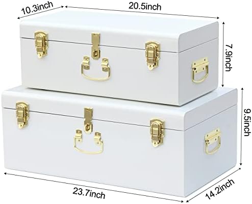 Vixdonos Decorative Metal Box Storage Trunks Set of 2 College Dorm Chest with Lock Hole,23.7X14.2X9.5 Inches(White) - Image 2