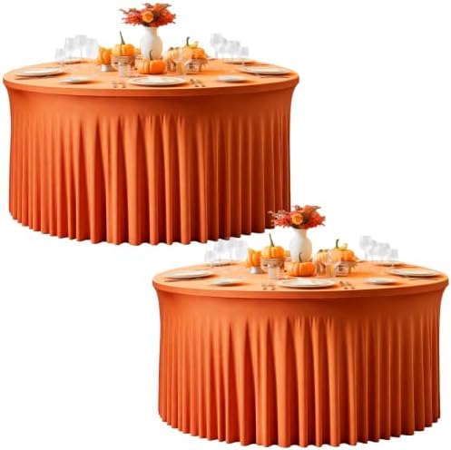 GALLETY 2 Pack Harvest Pumpkin Round Spandex Tablecloth 60 Inch for 5 FT Circle Tables, Reusable Fitted Stretch 120 Inch Round Tablecloth for Fall, Thanksgiving, Halloween, Wedding and Party Decor by Creativepartyuniquedecorat