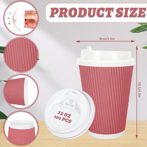 Whaline 100 Pcs Valentine's Day Pink Disposable Coffee Cups with Lids 12 Oz Gradient Pink Paper Cup Corrugated Ripple Wall Insulated Hot Cup for Home Office Party Supplies - Image 2