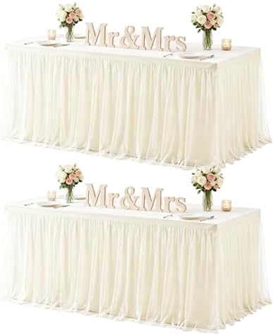 HB HBB MAGIC Ivory Table Cloth Spandex Table Covers 6ft Fitted Tulle Tablecloth Rectangular Desk Skirt Stretch Cream Table Cloths Covers Party Banquet Birthday Baby Shower Wedding Table Cloth, 2 Pack by HBBMAGIC