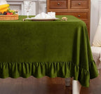 Olive Green Velvet Ruffle Tablecloth, 60 x 84 Inch Rectangular by Cobedzy