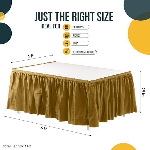 Exquisite Gold Table Skirt 48 Pack - Disposable Plastic Table Skirts for Rectangle Tables 6ft 8ft & Round Tables - 29in x 14ft Self-Adhesive Strip - Birthday Wedding Gender Reveal Decor - Image 4