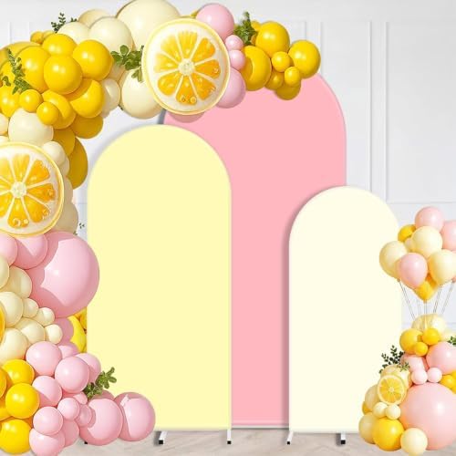 FYSUIMU 3 Pcs Pink Yellow Arch Backdrop Covers Pastel Stretchy Spandex Arch Stand Fabric Cover for Summer Lemon Wedding Birthday Baby Bridal Shower Party Decoration (4ft/5ft/6ft) by FYSUIMU
