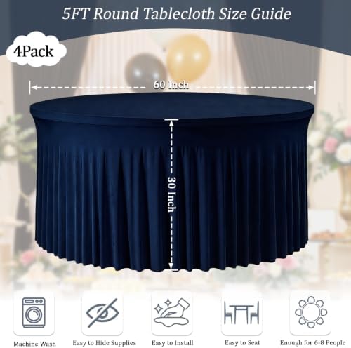 Navy Blue 4PCS Round Spandex Tablecloth for 5FT/60In Inch Round Table - Image 3