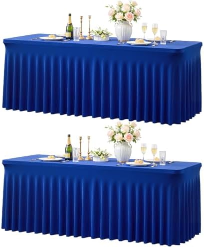 Royal Blue Table Cloth for 6 Foot Rectangle Tables Fitted Stretch Spandex Table Cover with Skirt 6ft Baby Shower Birthday Party Banquet Ruffle Tablecloth Wedding Table Cloths Desk Skirt, 2 Pack by LittleFunny
