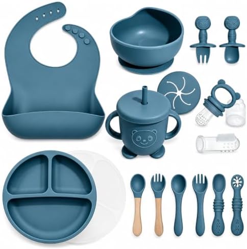 Silicone Baby Feeding Utensils Set for 6+ Months, 17 Pcs, Blue by Catvegue
