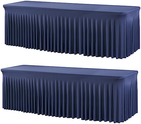 2 Pack Navy Blue Spandex Tablecloths for 8 Foot Rectangle Tables, Wrinkle Free Fitted Table Cloths 8ft Stretchy Table Cloth Covers with Skirt for Parties Weddings Birthday Banquet Baby Shower by Htper