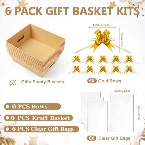AFOROEOA 6PACK kraft Baskets For Gifts Empty, 10x8 Thick Kraft Paper Basket with 6 Clear Bags and 6 Pull Bows, Empty Gift Baskets for Thanksgiving Christmas Wedding Birthday Rustic Gift Wrapping - Image 3