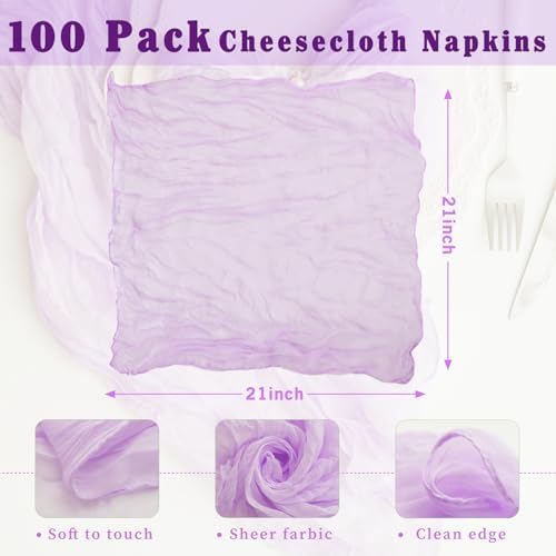 100 Pack Lilac Cloth Napkins 21x21 Inches Lilac Cheesecloth Napkins Set of 100 Washable Dinner Table Napkins for Wedding Bridal Baby Shower Rustic Boho Cotton Gauze Family Gathering Table Decor - Image 3