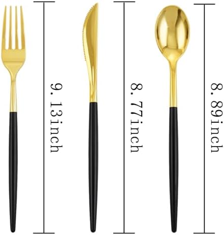 I00000 300Pcs Black Plastic Silverware, Happy New Year Gold Disposable Silverware, Black and Gold Plastic Utensils Include 100 Forks 100 Knives 100 Spoons,Disposable Cutlery for Wedding (Pack of 2) - Image 2