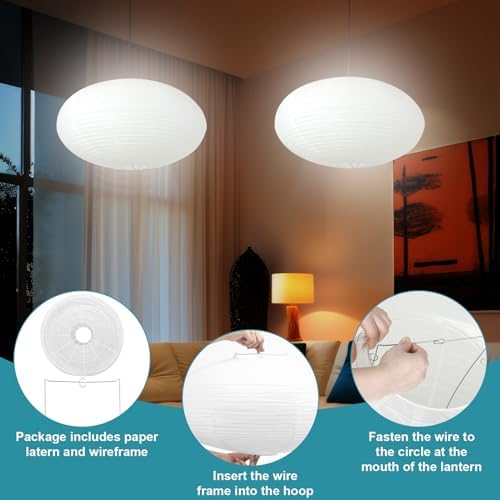 Rossesay 2 Sets Jumbo Paper Lanterns with Lamp Cord Cable White Hanging Paper Lanterns Chinese Japanese Pendant Hanging Lamp for Birthday Wedding Bridal Anniversary Party Decoration (Oval,22 Inch) - Image 3