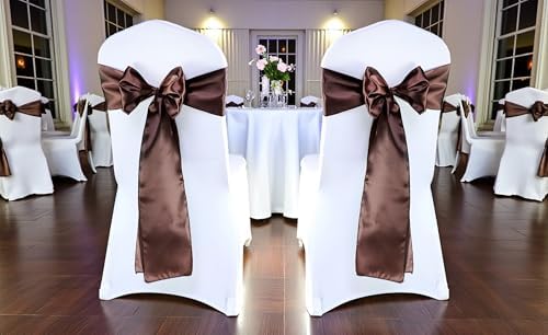 MDS Pack of 125 PCS Satin Chair Sashes Charmeuse Sateen Dining Chair Bows Ribbon Ties Back Sash for Wedding Party Birthday Home Hotel Restaurant Banquet Decoration (7 x 108 Inch, Coffee) - Image 2