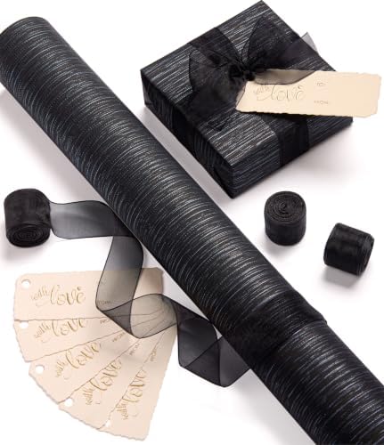 Vitalizart Black Textured Wrapping Paper Set 30" Organza Ribbon & Gift Tags by Vitalizart