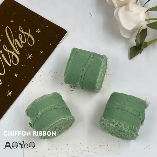 9 Rolls Sage Green Handmade Chiffon Ribbon, 1.5" x 63Yd Frayed Fringe Silk Ribbons for Wedding Invitations, Bridal Bouquets,Baby Show Gifts Wrapping, Decorations - Image 5