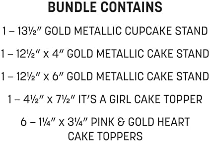 Beistle It’s A Girl Dessert Display Bundle – Gold Metallic Cupcake Stand, 2-Tier Cake Stands & Glitter “It’s A Girl” Cake Topper with Heart Picks, Baby Shower & Reveal Party Supplies for Food Tables - Image 2