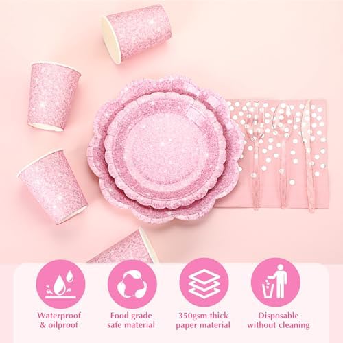 Hushee 175 Pcs Light Pink Party Supplies 25 Guests Holographic Print Disposable Dinnerware Include Scalloped Plates, Napkins, Paper Cups, Plastic Cutlery for Kpop Disco Birthday Baby Shower Wedding - Image 3