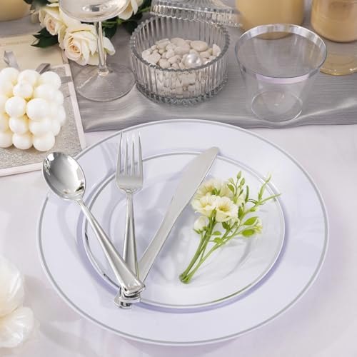 SUT 175 Pcs Silver Plastic Dinnerware Set for 25 Guests, Include: 25 Dinner Plates, 25 Dessert Plates, 25 Pre Rolled Napkins With Silver Silverware, 25 Cups, Disposable Plates for Wedding, Party - Image 3
