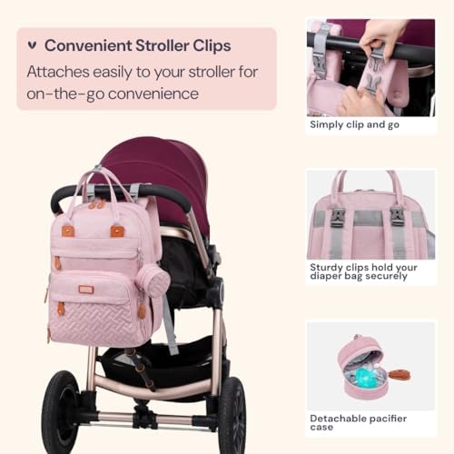 BabbleRoo Diaper Bag Backpack - Baby Essentials Travel Tote - Multi function Water Resistant Diaper Bag, Travel Essentials Baby Bag with Changing Pad, Stroller Straps & Pacifier Case - Unisex, Pink - Image 6