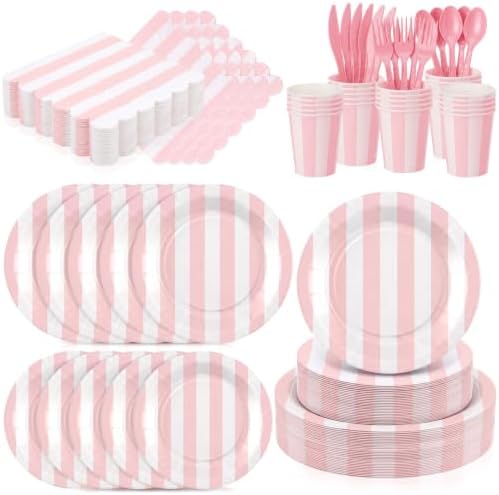 Mimorou 175 Pcs Pink White Striped Party Tableware for 25 by Mimorou