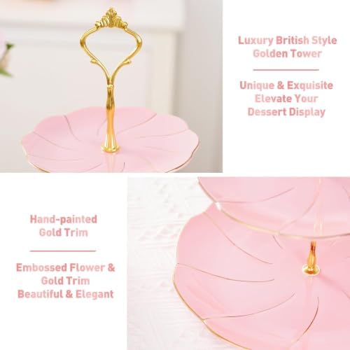 DUJUST Luxury Larger 3-Tier Cupcake Stand Tower, British Style Porcelain Serving Tray with Golden Trim, Food Grade Dessert Display Stand for Tea Party & Home Décor - 45% Pink Larger Plates - Image 4