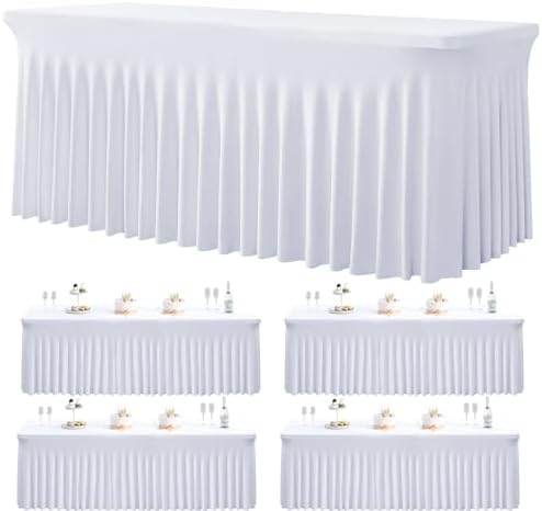 4 Pack White Spandex Tablecloth for 5 Foot Rectangle Tables, Wrinkle Free Fitted Table Clothes Cover 5ft Stretchy Tablecloths with Skirt for Parties Weddings Birthday Banquet Baby Shower by Htper