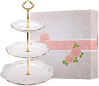 3-Tier Porcelain Embossed Cupcake Stand - Pure White Rimmed with Gold Dessert Cake Stand - Pastry Serving Tray Platter for Tea Party, Wedding and Birthday by BonNoces