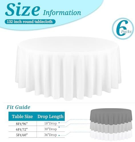 YMHPRIDE 6 Pack Round Tablecloth White Table Cloths 132 Inch Polyester Round Table Cloth,White TableClothes Round 132 inch Washable Fabric Table Covers for Wedding,Party,Dining,Banquet - Image 2