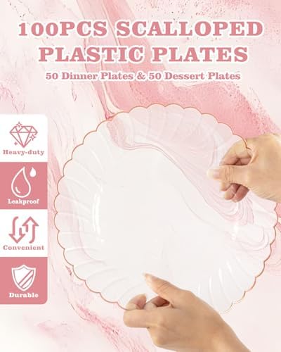 YOUBET 100PCS Rose Gold Plastic Plates for Wedding Baby Shower Party - Image 3